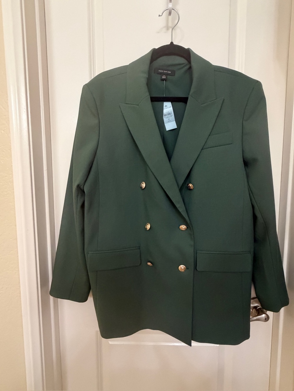 Ann Taylor Olive Green Double-Breasted Blazer with Gold Buttons NWT Size 14P
